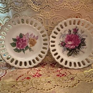 Vintage Japanese Porcelain Lattice Plates with Floral Design circa 1920-40’s